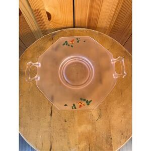 Vtg Pink Depression Frosted Glass Flower Hand Painted 2 Handle Dish 8.75”